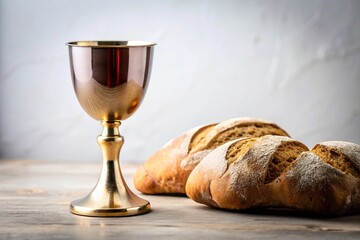 Holy communion chalice with wine and bread isolated on white background