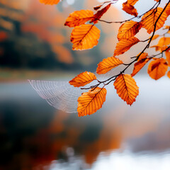 Obraz premium Autumn leaves with mist, spiderweb near tranquil water.