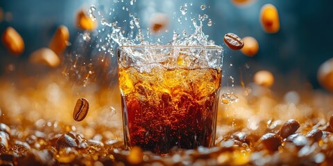 a glass of cola with ice and a splash of water