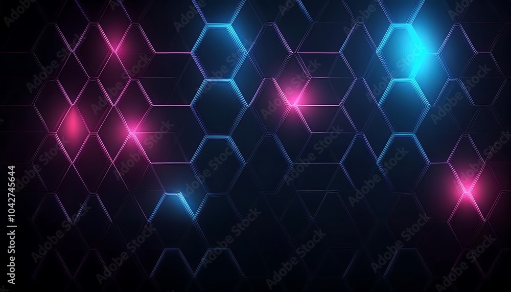 Poster abstract geometric hexagonal pattern with glowing blue and pink lights on black background.
