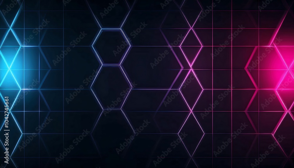 Poster abstract dark background with glowing neon hexagon grid.