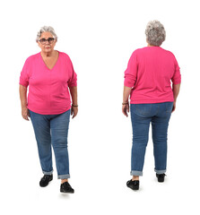 front and back view same senior woman walking on white background