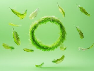 A vibrant green circle of leaves surrounded by floating green petals against a soft green background.