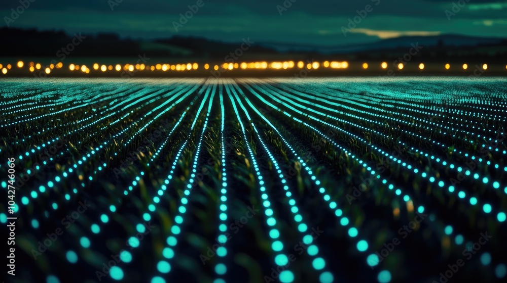 Poster crop rows at night illuminated by a futuristic digital grid overlay, showing the technological advan