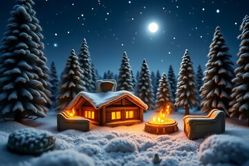 Nordic-Inspired Christmas Scene "A minimalist winter scene inspired by Scandinavian design, featuring simple wooden houses covered in snow. The houses are decorated with understated holiday elements l