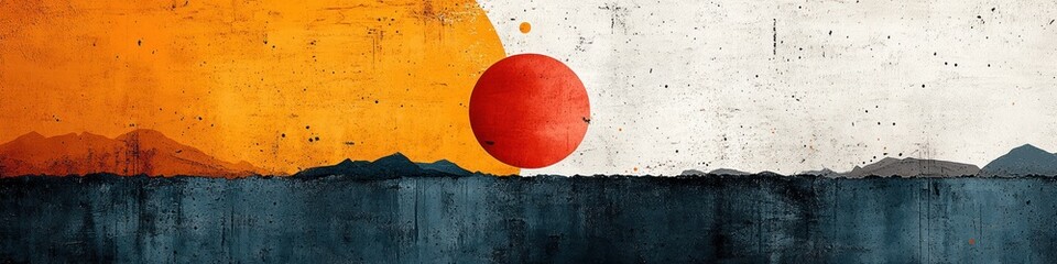 Abstract landscape with sun and mountains in vibrant colors.
