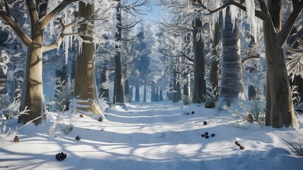 Nordic-Inspired Christmas Scene "A minimalist winter scene inspired by Scandinavian design, featuring simple wooden houses covered in snow. The houses are decorated with understated holiday elements l