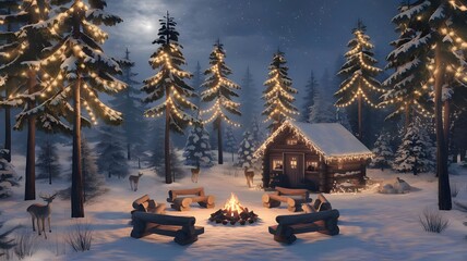 Nordic-Inspired Christmas Scene "A minimalist winter scene inspired by Scandinavian design, featuring simple wooden houses covered in snow. The houses are decorated with understated holiday elements l