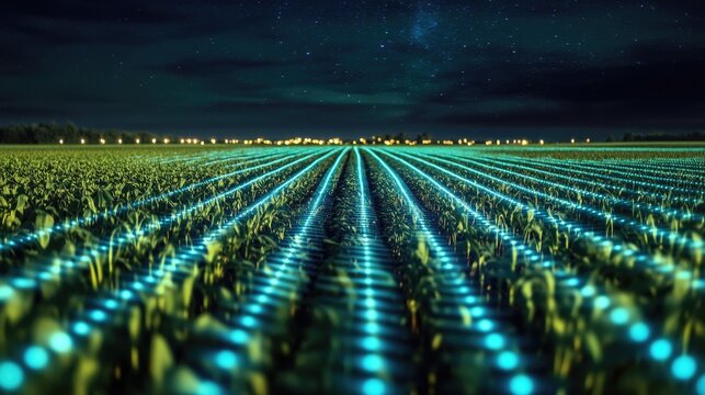Crop rows at night illuminated by a futuristic digital grid overlay, showing the technological advancements of smart farming.