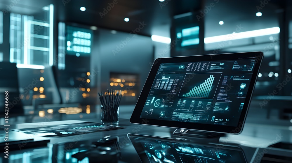 Aufkleber futuristic digital interface with data analysis and charts on modern office desk