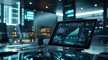 Obraz premium Futuristic Digital Interface with Data Analysis and Charts on Modern Office Desk