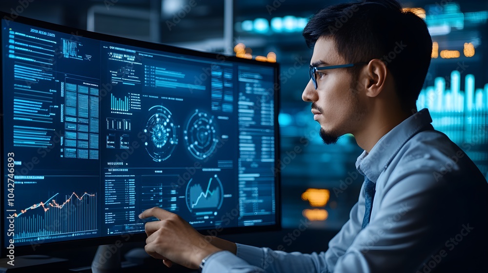 Poster businessman analyzing data on computer screen with graphs and charts