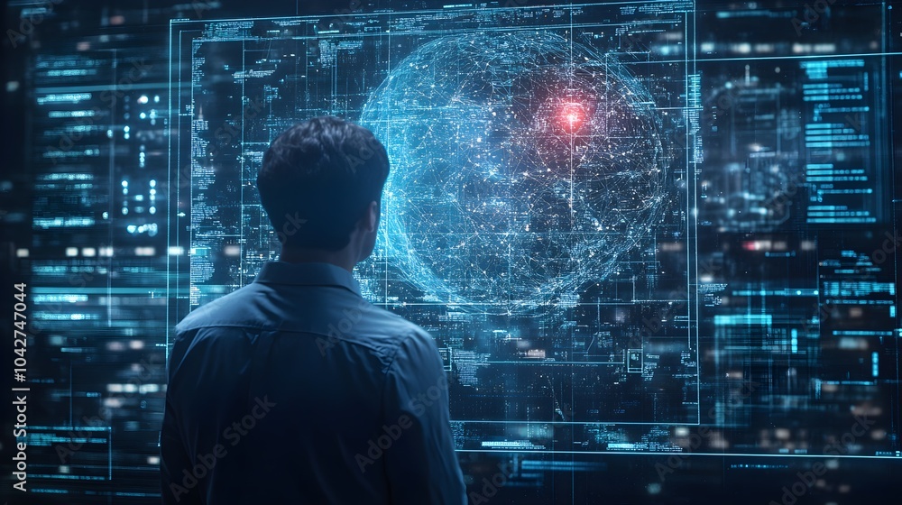 Aufkleber man looking at digital globe on screen cyber security concept