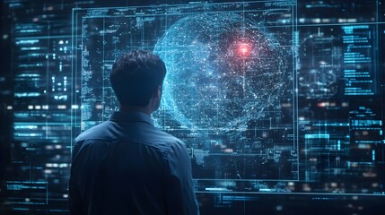 Man Looking at Digital Globe on Screen  Cyber Security Concept
