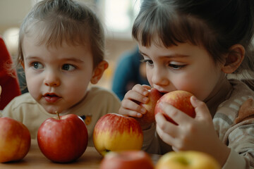 Fototapeta premium Two young children are sitting at a table, eating apples