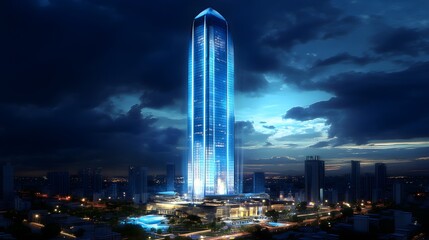 Modern Skyscraper Architecture Night Cityscape with Illuminated Buildings
