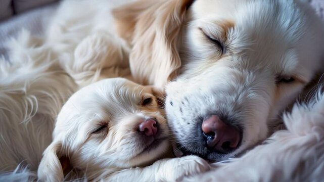 Cuddling golden retriever and puppy sleeping peacefully together, showcasing their cute bond and warmth, evoking love and comfort for whole family.