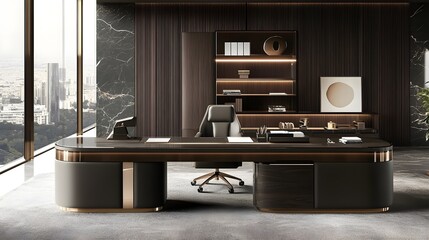 Modern Luxury Office Interior Design with Black and Gold Desk and City View
