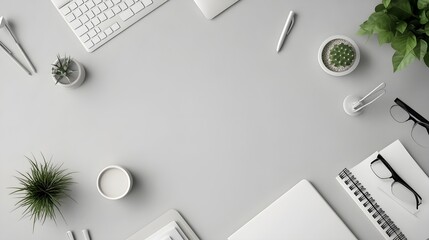 Minimalist White Desk Workspace with Plants and Office Supplies