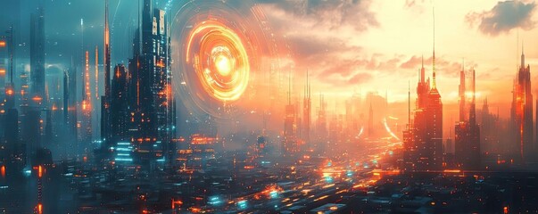 Naklejka premium A futuristic energy generator, powering a city with renewable technology