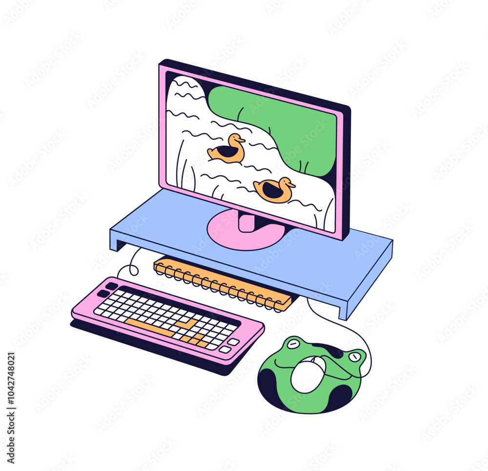 Poster workplace icon in neo brutalism style. desktop computer with keyboard, mouse and pad. pc screen, mon