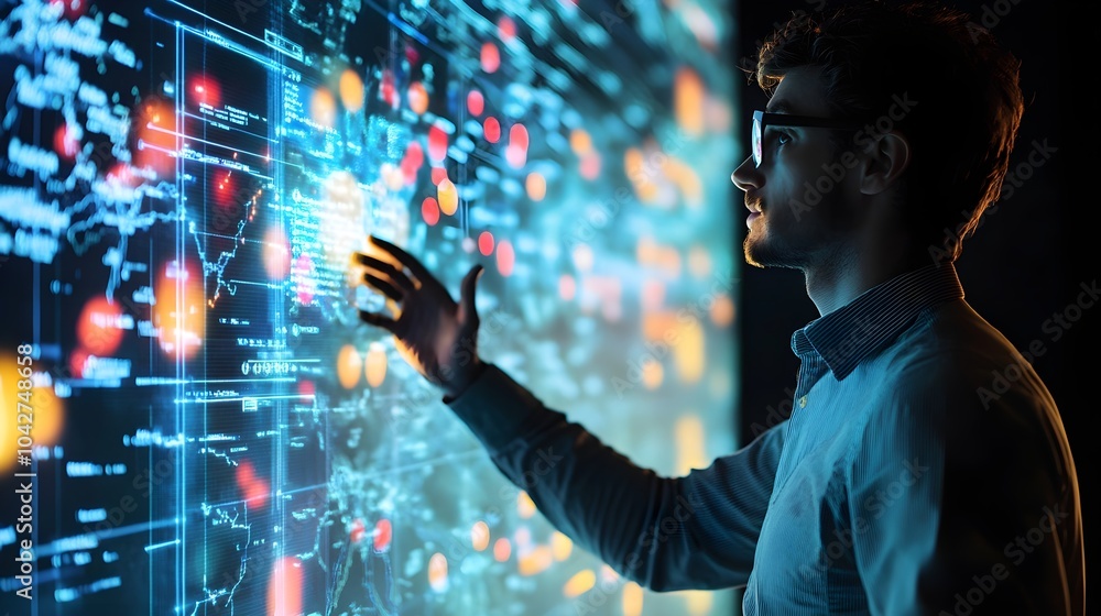 Poster man interacting with digital interface with data and world map