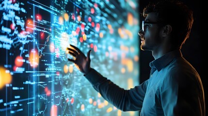 Man Interacting with Digital Interface with Data and World Map