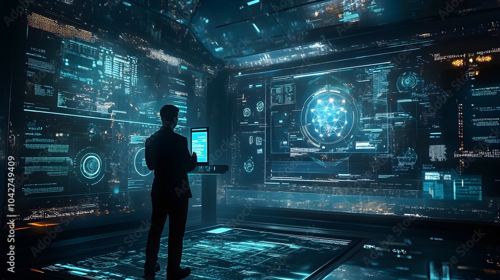 Poster futuristic hacker working in a data center