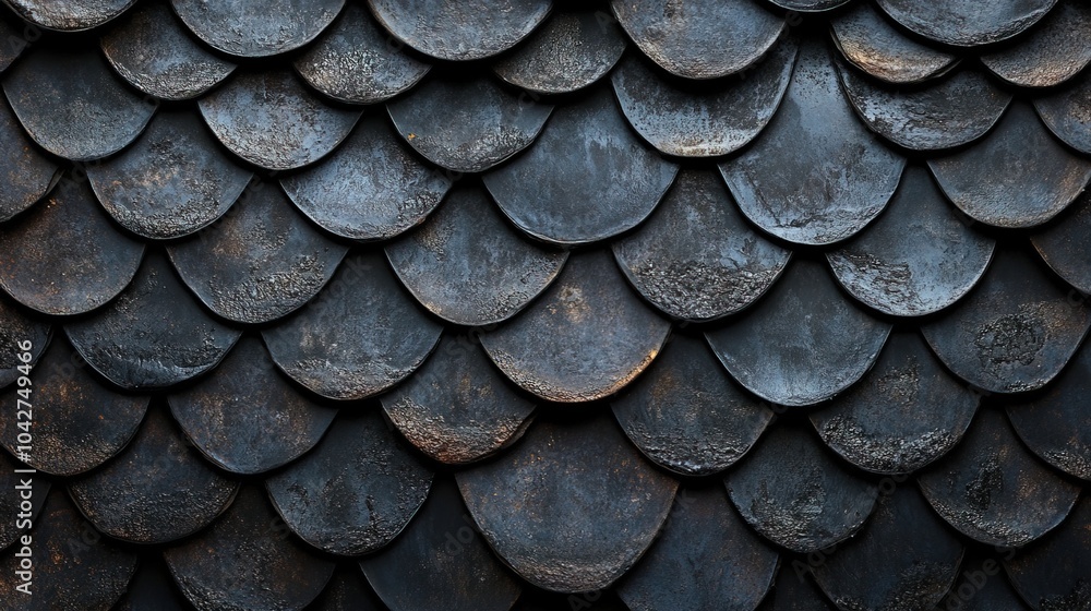 Poster close-up view of black fish scales arranged neatly background