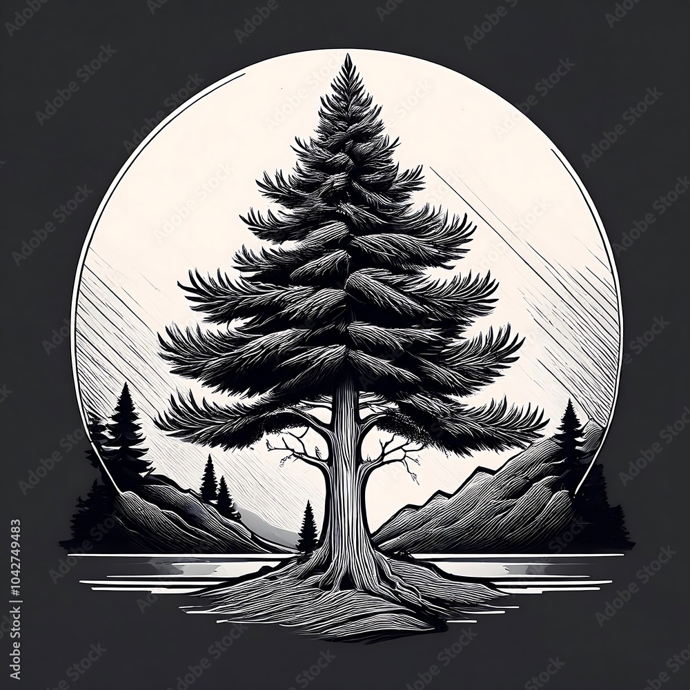 Poster A single pine tree stands tall in a mountain landscape, with a large moon behind it.