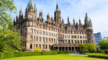 Fototapeta premium Magnificent Gothic style Castle with Ornate Spires and Towers in Picturesque City Landscape