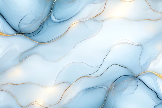 Elegant abstract background with fluid blue and white marble texture and gold accents, perfect for modern design projects or wallpapers.