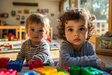 Two young children sitting at a table with colorful toys