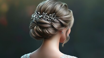 Fototapeta premium Elegant Bridal Hair with Floral Hairpiece Decoration