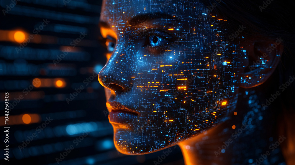 Poster a face illuminated by intricate blue and orange digital data patterns, blending human and machine, e