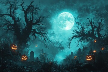 Obraz premium Halloween background featuring turquoise pumpkins, scary trees, and a full moon, creating a spooky atmosphere with a dark graveyard, burning jack-o'-lanterns, and foggy mist.