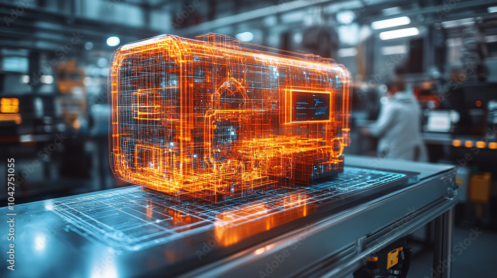 Poster a holographic engine model, showcasing glowing orange schematics in a lab environment, emphasizing a