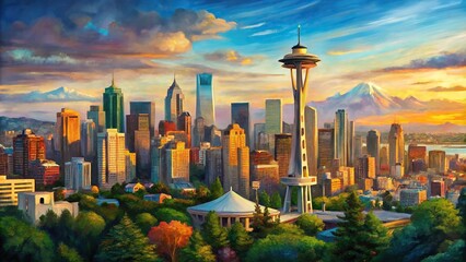 Obraz premium Horizontal oil painting of the Seattle skyline close-up