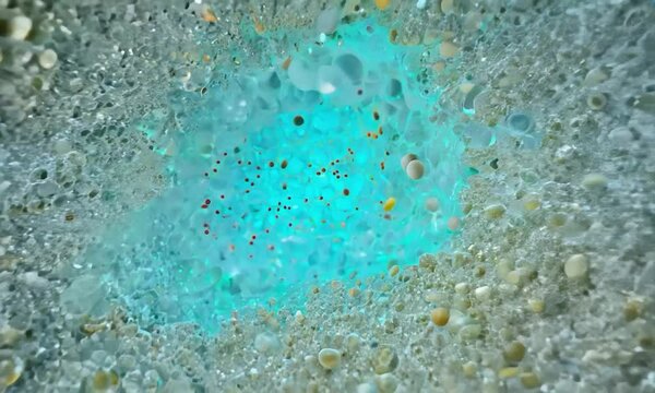 Zoom shot with particle distribution in a porous medium: The camera starts with a view of micro-particles in a porous medium. The camera zooms in to show how particles distribute and move through the 