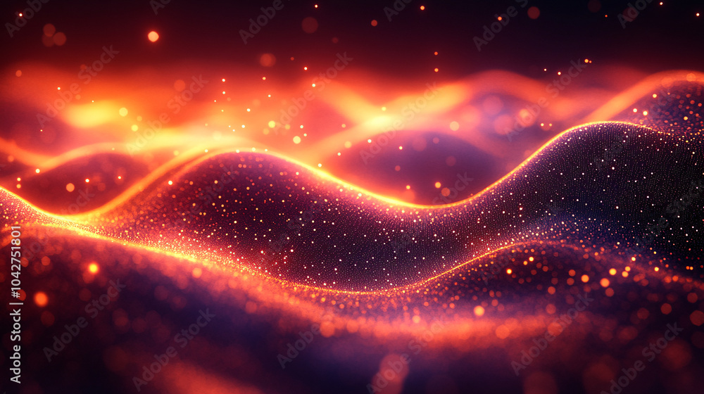 Poster a vibrant digital landscape of glowing, undulating waves covered in sparkling lights, creating a mes