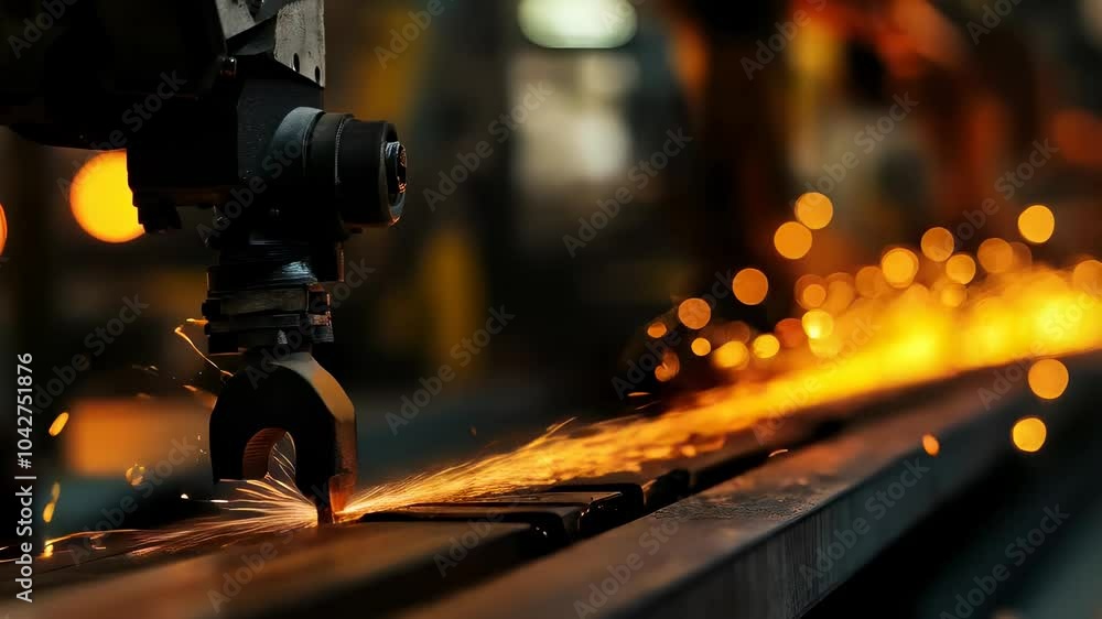Poster close up of robotic arm welding metal, creating bright sparks in industrial factory, showcasing adva