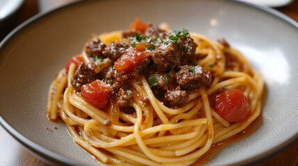 Plate of spaghetti bolognese, with delicious tomato and meat