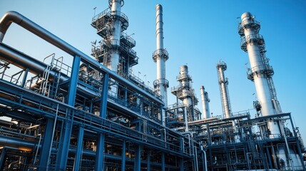 Fototapeta premium Industrial facility with towering structures and complex piping under a clear blue sky.