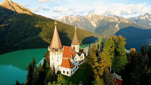 Gaze aerial view Lake camera glides stunning  enchanting landscape idyllic location beautiful summer day 4K resolution castle land mountain