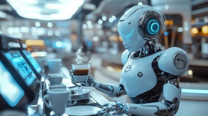 Fototapeta premium A robot barista making coffee, preparing drinks in a sleek, futuristic cafe