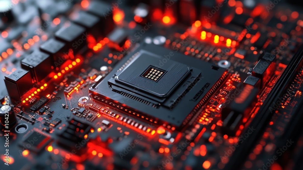 Poster close-up of a glowing computer motherboard with a processor.