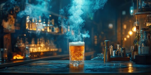 a glass of beer with a smoke coming out of it