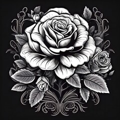 A single white rose with two buds and leaves in a black and white illustration.