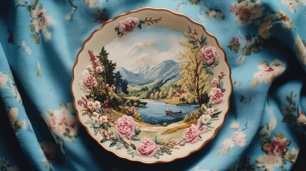 Fototapeta premium Scenic Plate with Flowers and Landscape Design