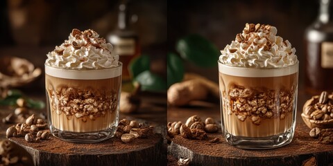 two shots of a coffee drink with whipped cream and nuts